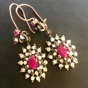Vintage Turkish Ruby & Crystal & Bronze Earrings